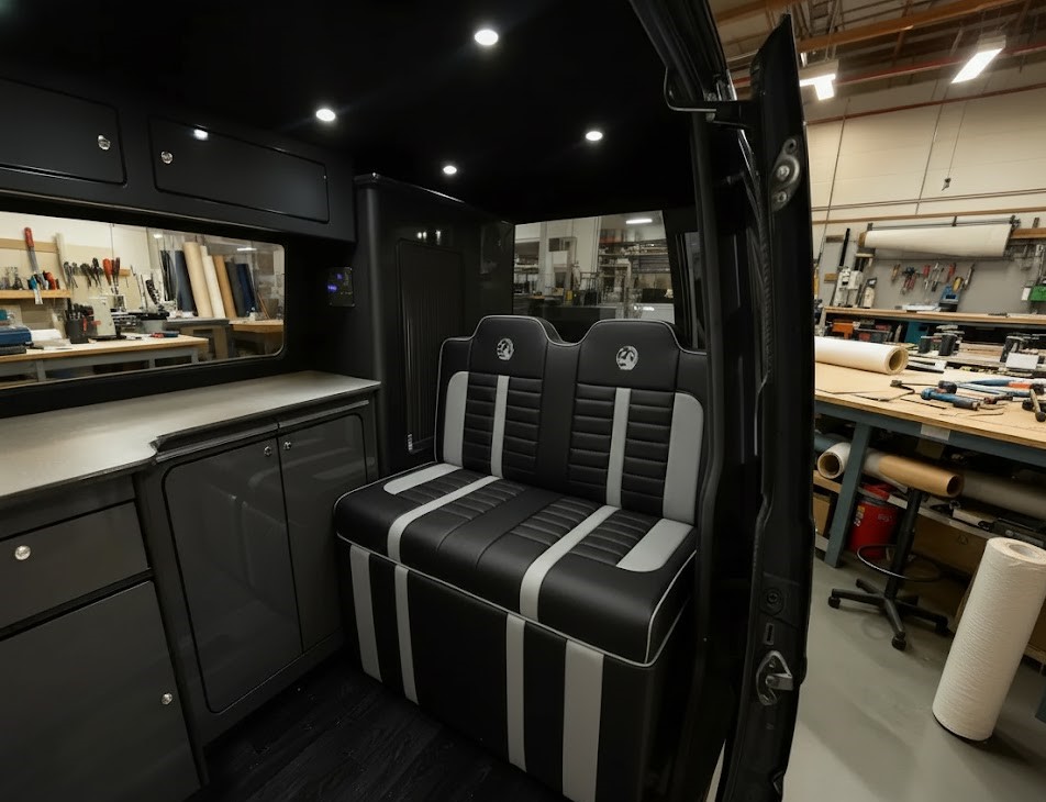 Rock n roll bed with Vauxhall logo black vinyl with grey panels Blue Note Upholstery